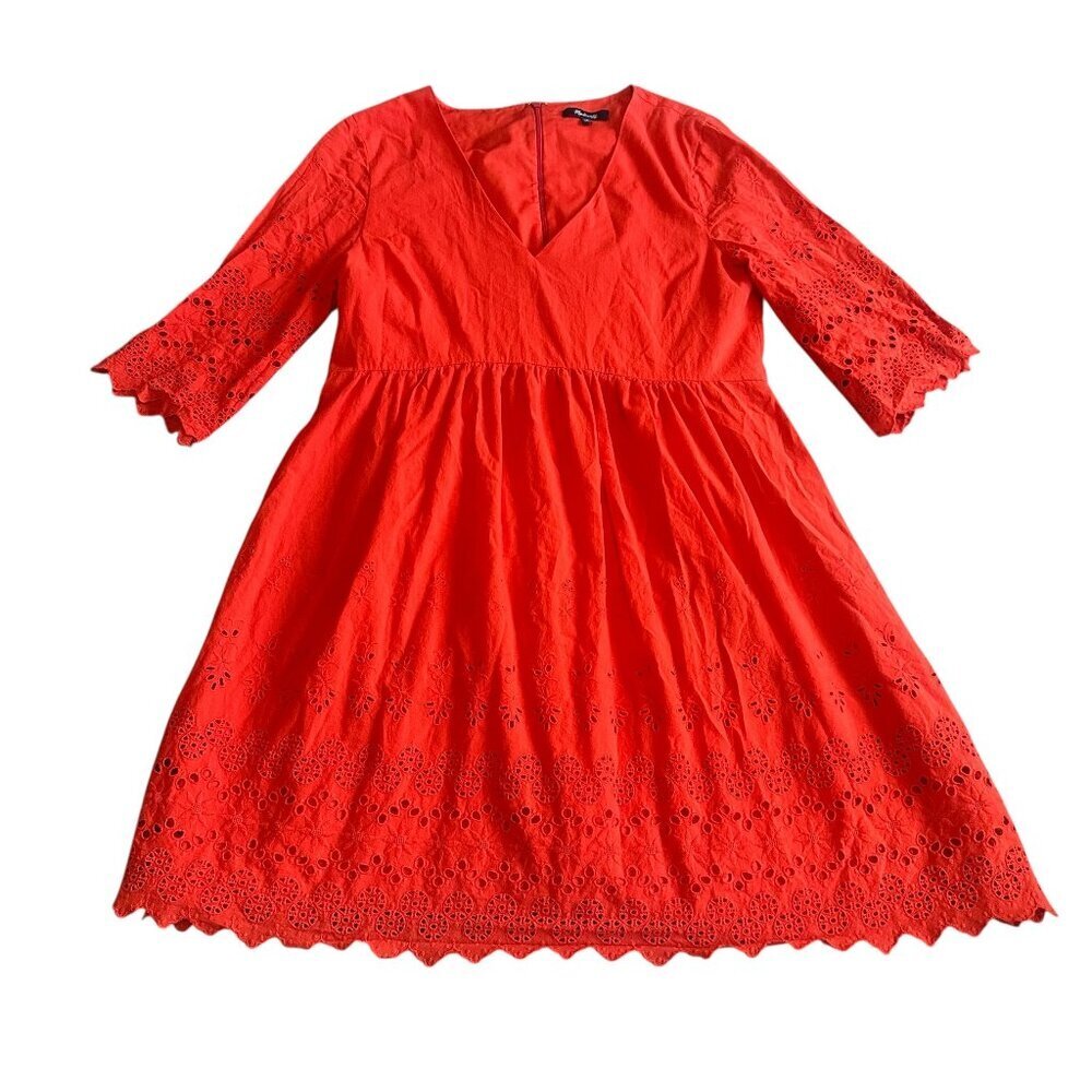 Madewell A-Line Dress Eyelet Cutout Trim 3/4 Sleeves Cotton Size 10 Women's